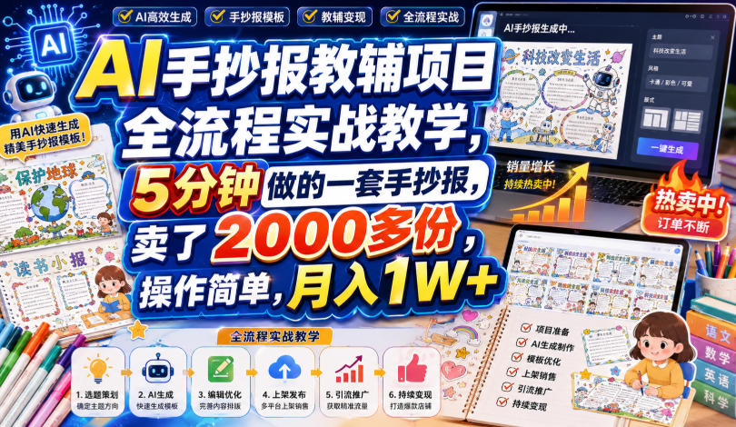 AI手抄报教辅项目全流程实战教学,5分钟做的一套手抄报,卖了2000多份,操作简单,月入1W+插图 AI手抄报教辅项目全流程实战教学,5分钟做的一套手抄报,卖了2000多份,操作简单,月入1W+