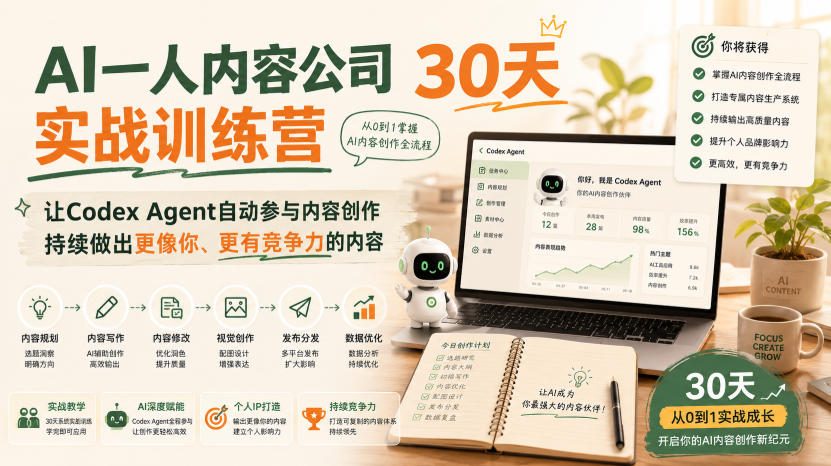 AI一人内容公司30天实战训练营,让Codex Agent自动参与内容创作持续做出更像你、更有竞争力的内容插图 AI一人内容公司30天实战训练营,让Codex Agent自动参与内容创作持续做出更像你、更有竞争力的内容