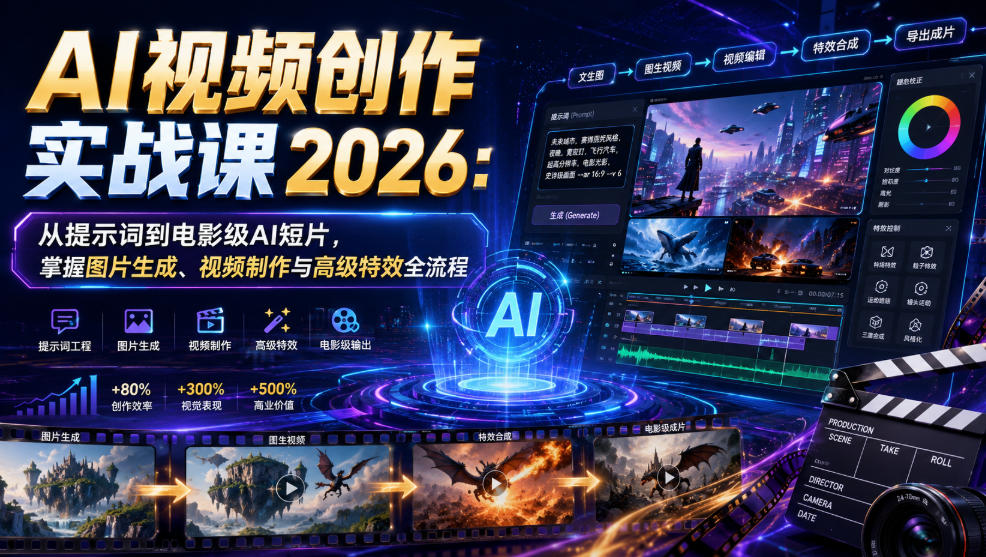 AI视频创作实战课2026:从提示词到电影级AI短片,掌握图片生成、视频制作与高级特效全流程插图 AI视频创作实战课2026:从提示词到电影级AI短片,掌握图片生成、视频制作与高级特效全流程